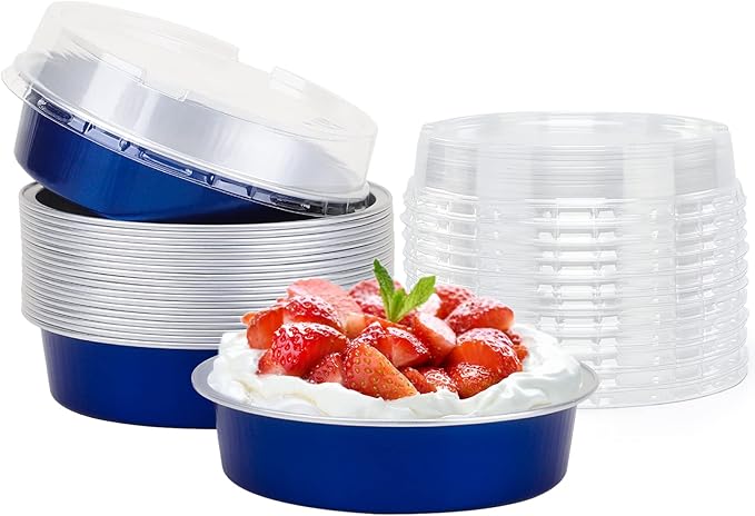 Beasea Mini Tart Pan 20 Pack with Lids, 4 Inch 8oz Jewelry Blue Disposable Aluminum Baking Foil Tins Small Round Container for Individual Dessert Cupcake Muffin Cheesecake Ramekins Quiche Oven Dishes