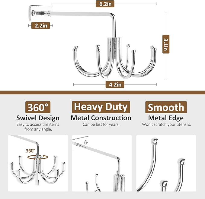 ZEDODIER Kitchen Cooking Utensil Holder, 360° Rotating Kitchen Hooks for Hanging Utensils, Heavy Duty Metal Utensil Rack with 8 Storage Capacity for Utensil, Towel, Pot, Glove, Aprons, Silver