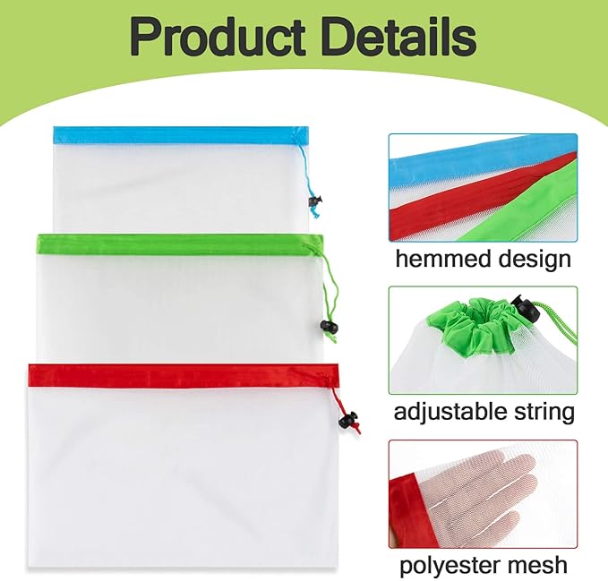 MAQIHAN 12PCS Reusable Produce Bags - Mesh Produce Bags Drawstring Reusable Washable Vegetable Storage Bags Refrigerator Keep Fresh Grocery Food Fruits Veggie Green Net Bag Toy Storage Zero Waste Shop