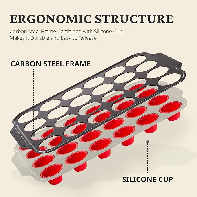 BRONYPRO Silicone Mini Muffin Pan with Metal Frame, Egg Bite Molds for Baking for Baking, Cupcake Pans 24 Regular Size, Muffin Tins Easy to Pop Nonstick Non Toxic Bakeware for Oven,Red