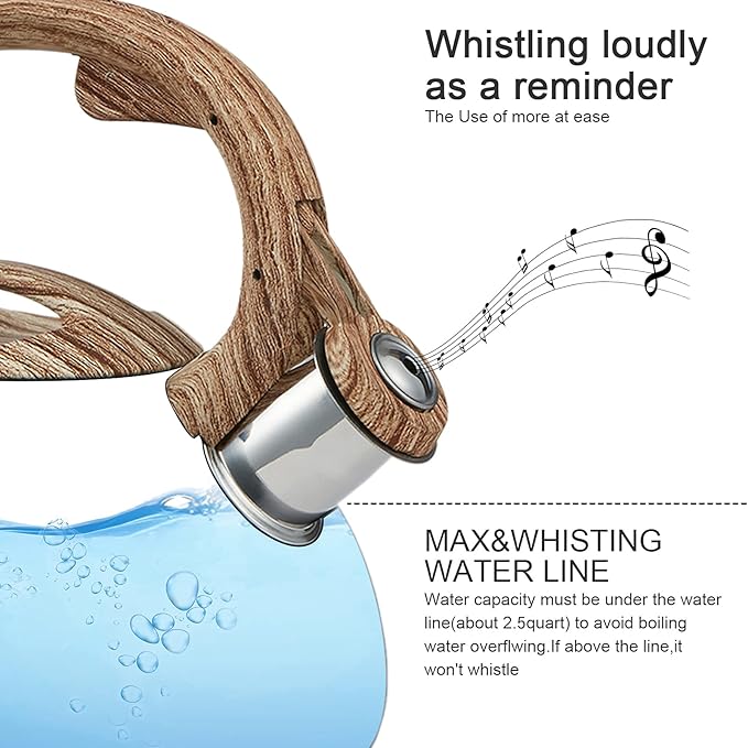 s-p Stovetop Tea Kettle- Whistling Teapot Stainless Steel Tea kettle for Stove Top Loud Whistle Tea Pot With Wood Pattern Handle Tea kettles Water Kettle(Silver Body and Black Handle