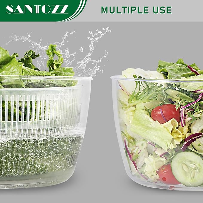 Santozz Rotary Salad Spinner with Bowl 4.2Qt, Lettuce Dryer, Vegetable Washer, Colander and Build in Draining System for Washing, Draining Vegetables, Greens and Fruits