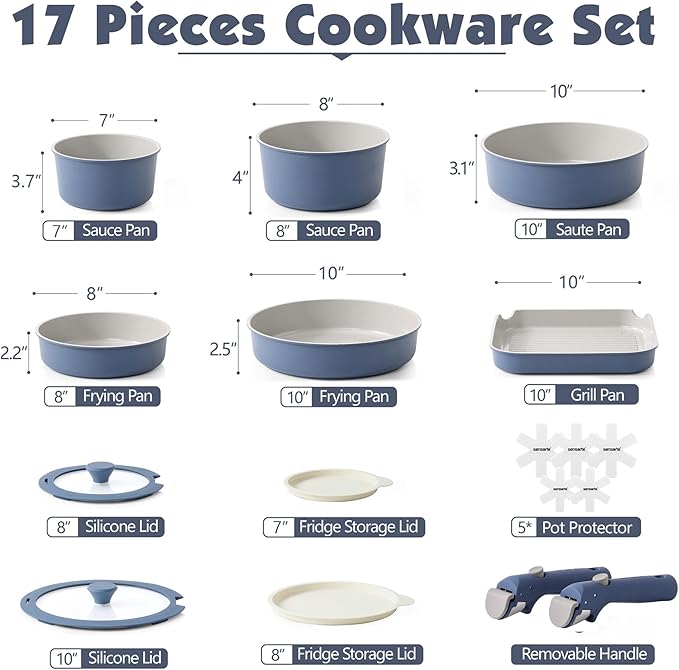 SENSARTE 17 Piece Ceramic Pots and Pans Set, Nonstick Detachable Handle Cookware, Induction Kitchen Cookware Set with Removable Handle, Dishwasher ＆ Oven Safe (Navy)