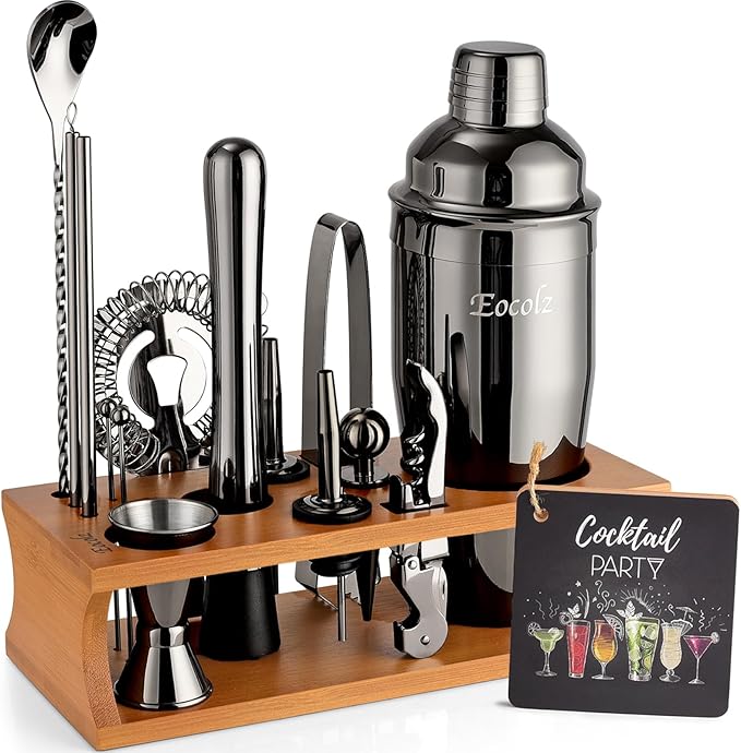 Bartender Kit Cocktail Shaker Set with Stand Bar Tool Bar Set for Drink Mixing Home Bartending Kit 17-Piece Bar Cart Accessories: Martini Shaker, Mixer Spoon, Jigger, Muddler, Strainer & Recipes Gifts