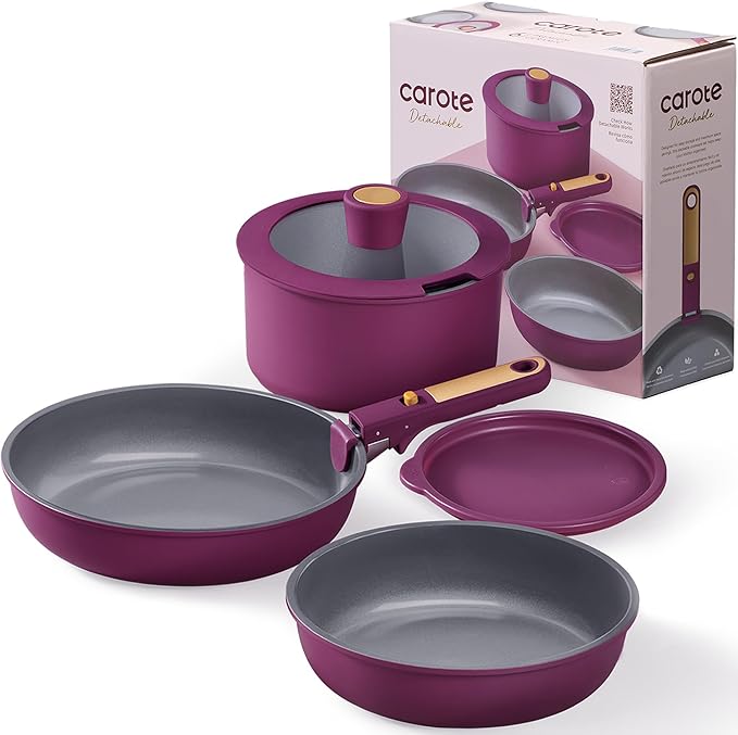 CAROTE Ceramic Pots and Pans Set, Nonstick Cookware Set Detachable Handle, 6pcs Induction Kitchen Cookware Sets Non Stick with Removable Handle, RV Cookware Set, Oven Safe, Purple