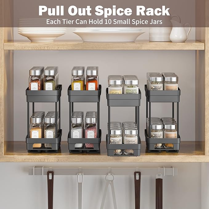 2 Pack Pull Out Spice Rack Organizer for Cabinet, Slide Out Spice Racks Organizer, Spice Cabinet Organizers, Cabinet Size Need:12'' Highx11'' Deepx5'' Wide,Hold 10 Spice Jar Each Tier-2Tier, Black