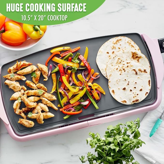 GreenLife 20” Extra Large Electric Griddle, Non-Toxic PFAS-Free Ceramic Nonstick, Temperature Control, Quick Even Heating, Removable Drip Tray, Pancakes, Eggs, Sausage, Easy Clean, Pink