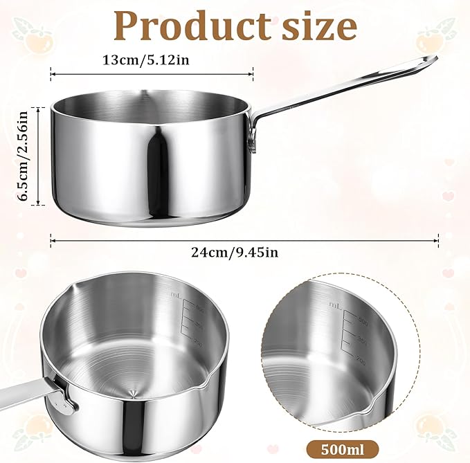 Stainless Steel Butter Warmer Measuring Pan 0.5 Quart Small Sauce Pan 18/10 Tri-Ply Stainless Steel Saucepan with Dual Pour Spouts