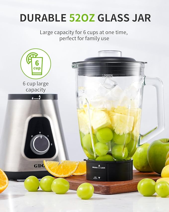 GDOR 1200W Blender for Smoothies and Shakes, 52 Oz Countertop Blender & 22 Oz Personal Blender Combo, 6-leaf Blade, 3 Adjustable Speed for Juices, Frozen Fruit Drinks, Sauces, Self-Cleaning
