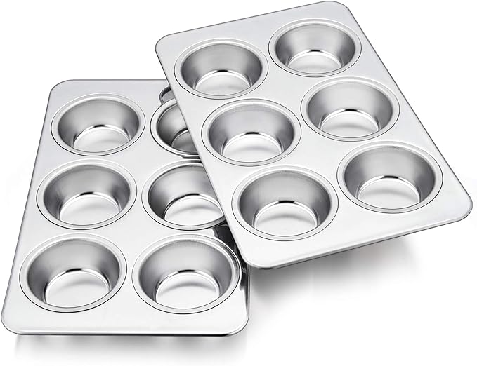 TeamFar 2 Packs Muffin Pan, Stainless Steel Muffin Cupcake Pan Tin Tray for Baking, for Mini Cakes/Tarts/Quiche, Healthy & Sturdy, Oven & Dishwasher Safe (6-Cup)