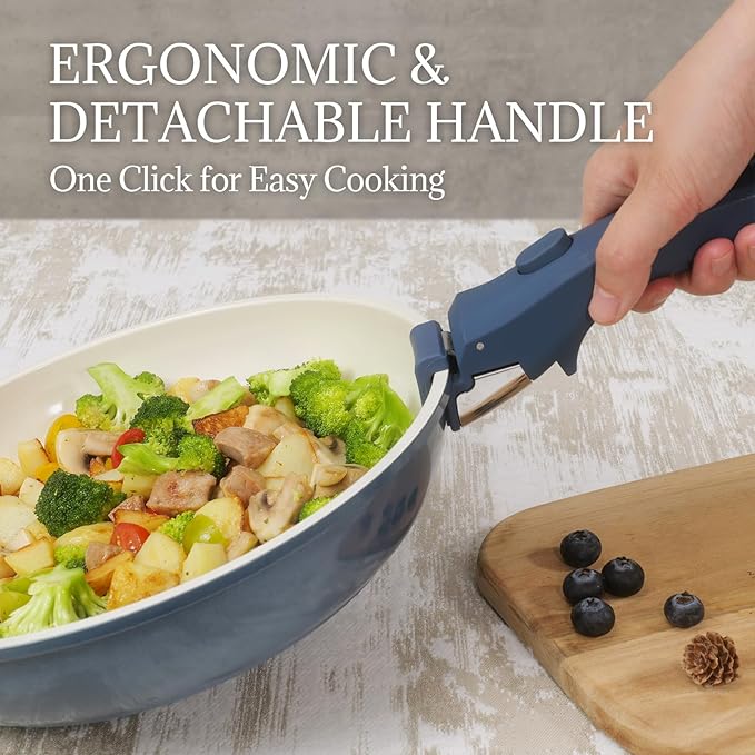 Ceramic Cookware Set Non Stick 8Pcs Pots and Pans Set Detachable Handle Induction Kitchen Cooking Set with Frying Pans Oven Dishwasher Safe, PFAS/PFOA Free, Navy