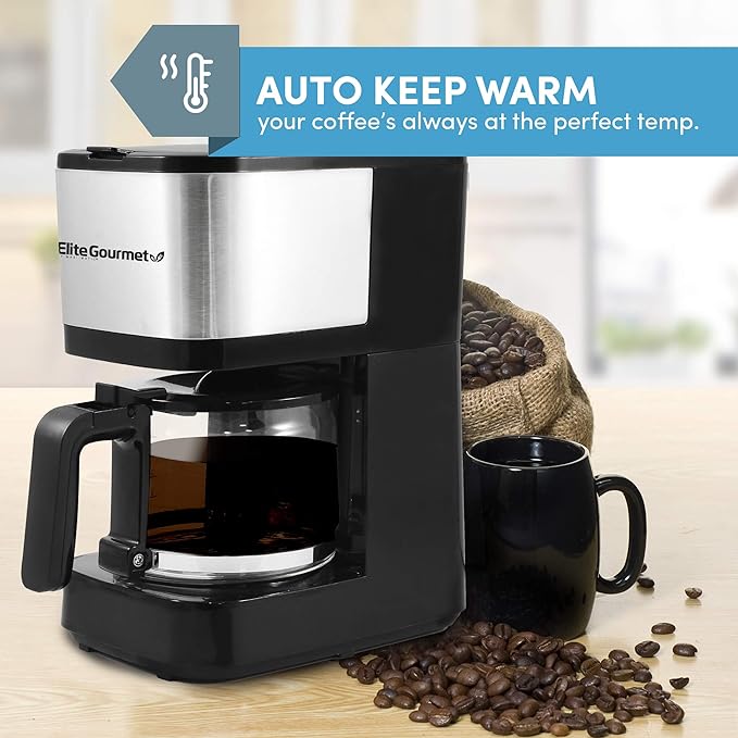 Elite Gourmet EHC9420 Automatic 5-Cup Brew & Drip Coffee Maker with Pause N Serve Reusable Filter, On/Off Switch, Water Level Indicator