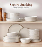 24 Piece Dinnerware Sets for 8 - Farmhouse Style Stoneware Plates and Bowls Sets - Scratch Resistant & Dishwasher Safe, Embossed Boho Ceramic Dish Set, Stack Compactly Dishware - Vintage White