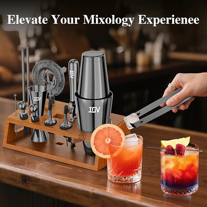 IOV Mixology Bartender Kit Bar Set with Stand | 17-Piece Cocktail Shaker Set | 28oz Boston Shaker Drink Mixer Set with All Essential Accessory Tools | Fun Housewarming Gift (Black)