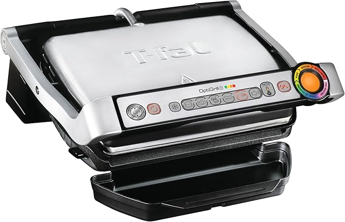 T-Fal OptiGrill Stainless Steel Electric Grill, 4 Servings, 6 Automatic Cooking Modes, Intelligent Grilling, Rare to Well-Done, Panini Press, Nonstick Removable Plates, Indoor, Silver