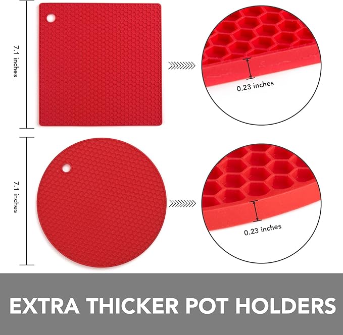 Joyhalo Trivets for Hot Dishes - Hot Pads for Kitchen, Silicone Pot Holders for Hot Pots and Pans, Silicone Mats for Kitchen Countertops, Table, Flexible Easy to Wash and Dry, Red