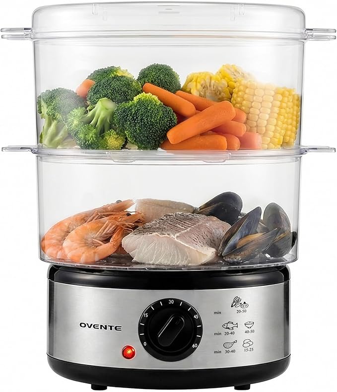 OVENTE 2-Tier Electric Food Steamer, 5 Quart Stainless Steel Stackable Steam Cooker with 400W Power, 60-Minute Timer & Auto Shut-Off, Dishwasher Safe, Healthy Vegetable & Seafood Steamer, Silver FS62S