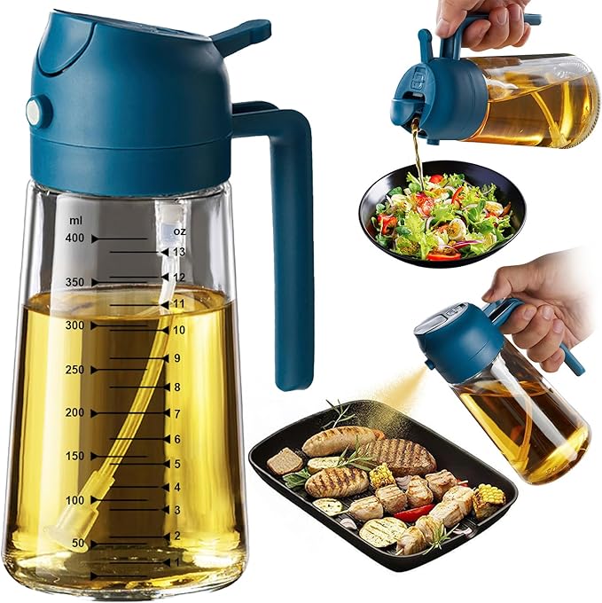 TrendPlain 16oz/470ml Glass Olive Oil Sprayer for Cooking - 2 in 1 Olive Oil Dispenser for Kitchen Gadgets, Air Fryer, Salad, and BBQ - Navy