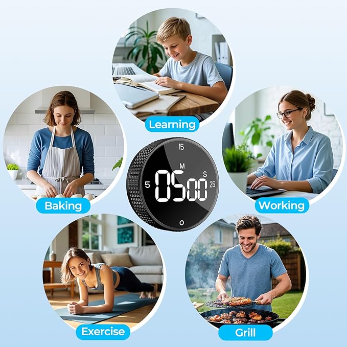 Magnetic Kitchen Timer for Cooking with Loud Alarm - Large LED Display Rotating Countdown Pomodoro Timer, Preset 5/15/25 Mins Easy for Seniors and Kids，for Baking Grilling Studying