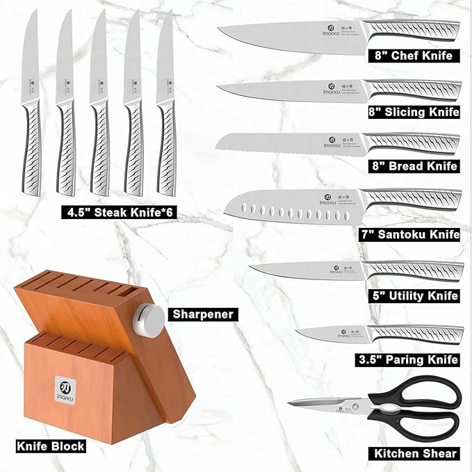 imarku® Knife Set,14-Piece Knife Sets for kitchen with block,Premium One-Piece Kitchen Knife Set with Sharpener,High Carbon Stainless Steel Knives Set for Kitchen,Silver,Dishwasher Safe