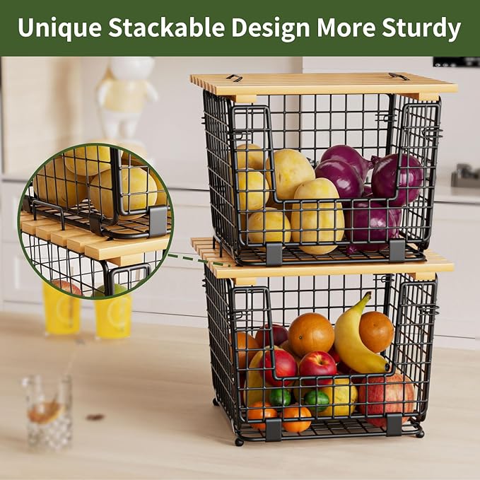 Wire Storage Basket for Kitchen Pantry: GGIU Stackable Kitchen Counter Organizers - Wire Organizing Bin for Produce Vegetable Potato and Onion Black
