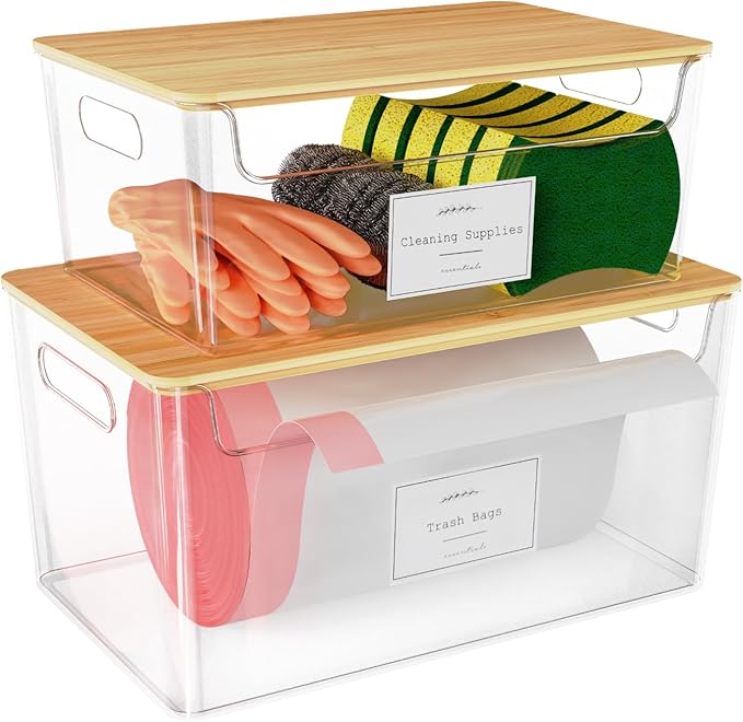 2 Pack Trash Bag Holder Under Sink Stackable, Plastic Garbage Dispenser with Lid, Trash Bag Storage Dispenser Roll Holder for Kitchen, Pantry, Laundry Room Organization