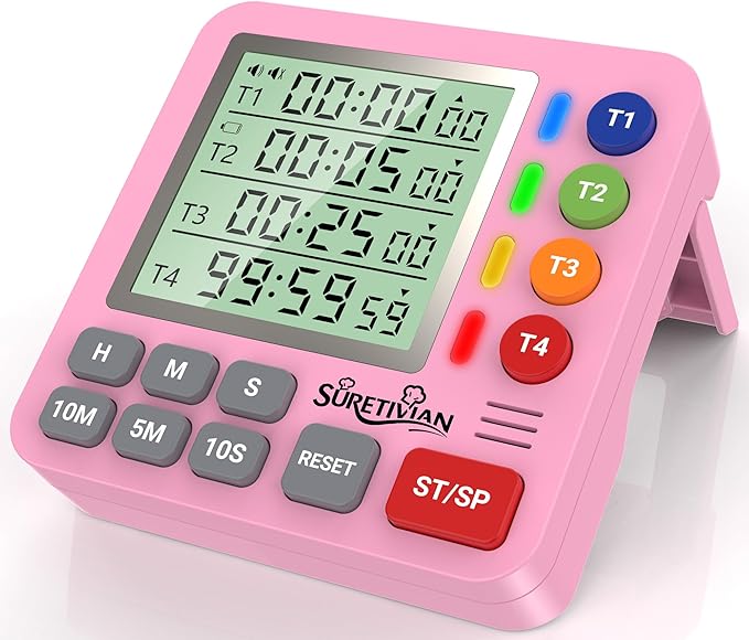Digital Kitchen Timer for Cooking - 4 Channel Count Up Countdown Timer with Loud Alarm and Silent Mode, Large Display, Magnetic Back, Auto Memory for Classroom Study Gym, Battery Included (Pink)