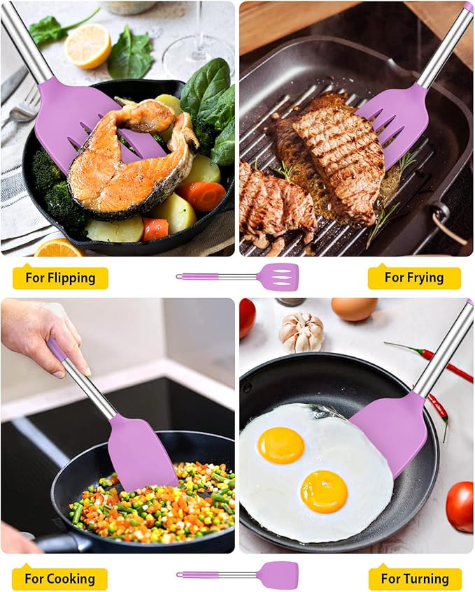 Pack of 2 Silicone Solid Turner, Non Stick Slotted Kitchen Spatulas, High Heat Resistant BPA Free Cooking Utensils, Ideal Cookware for Fish, Eggs, Pancakes(Purple)