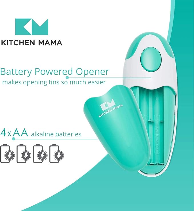 Kitchen Mama Auto Electric Can Opener: Open Your Cans with A Simple Press of Button - Automatic, Hands Free, Smooth Edge, Food-Safe, Battery Operated, YES YOU CAN (Teal)