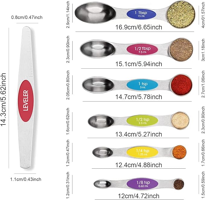 Multicolor Magnetic Measuring Spoons Set with Leveler - Stainless Steel, Stackable, Fits Spice Jars - For Baking Kitchen