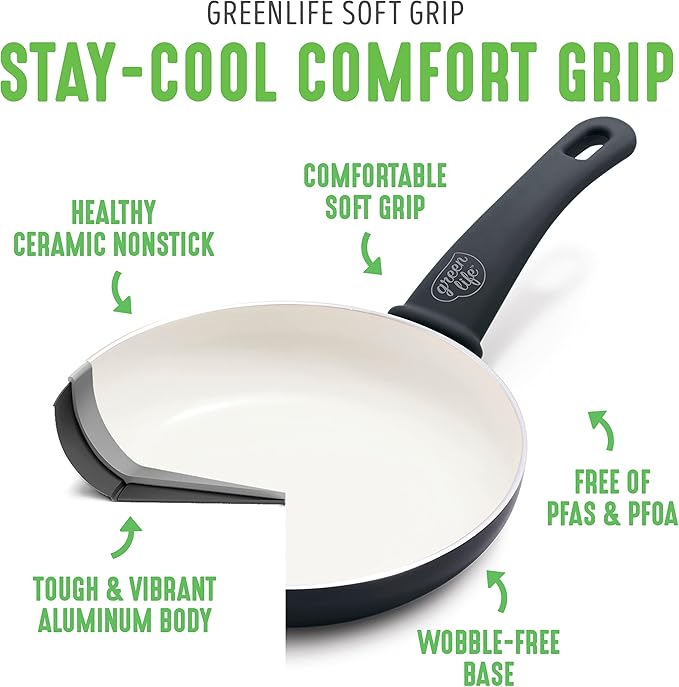 GreenLife Soft Grip 1QT and 2QT Saucepan Set, Healthy Ceramic Nonstick, Non Toxic PFAS-Free, Dishwasher Safe, Glass Lids, Stay-Cool Handles, Easy Clean Cookware, Kitchen Essentials, Black & Cream