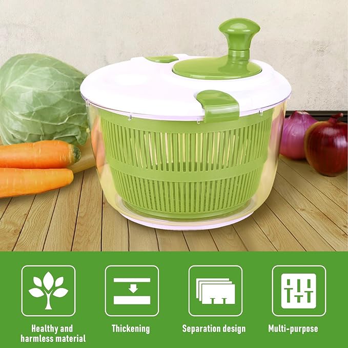 Large Salad Spinner with Lid, 5 Qt Capacity, Manual Vegetable Dryer with Double-Lock Handle, Quick and Easy Multi-Use Lettuce Spinner, Vegetable Dryer, Fruit Washer