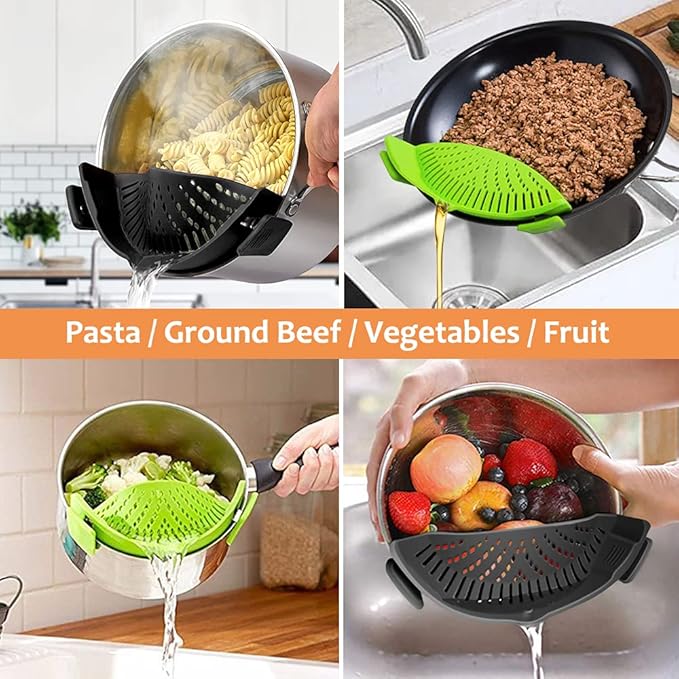 YEVIOR Clip on Strainer for Pots Pan Pasta Strainer, Silicone Food Strainer Hands-Free Pan Strainer, Clip-on Kitchen Food Strainer for Spaghetti, Pasta, Ground Beef Fits All Bowls and Pots (2P)