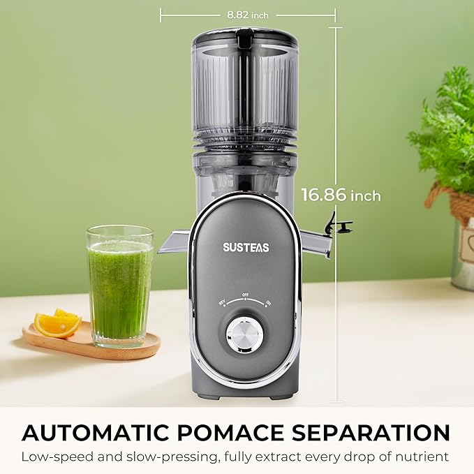 SUSTEAS Cold Press Juicer Machines, 5.3" Feed Chute(50oz Capacity), 300W Slow Masticating Juice Extractor for Whole Fruits and Vegetables, Automatic Feed, High Juice Yield,Easy to Clean, Silver gray