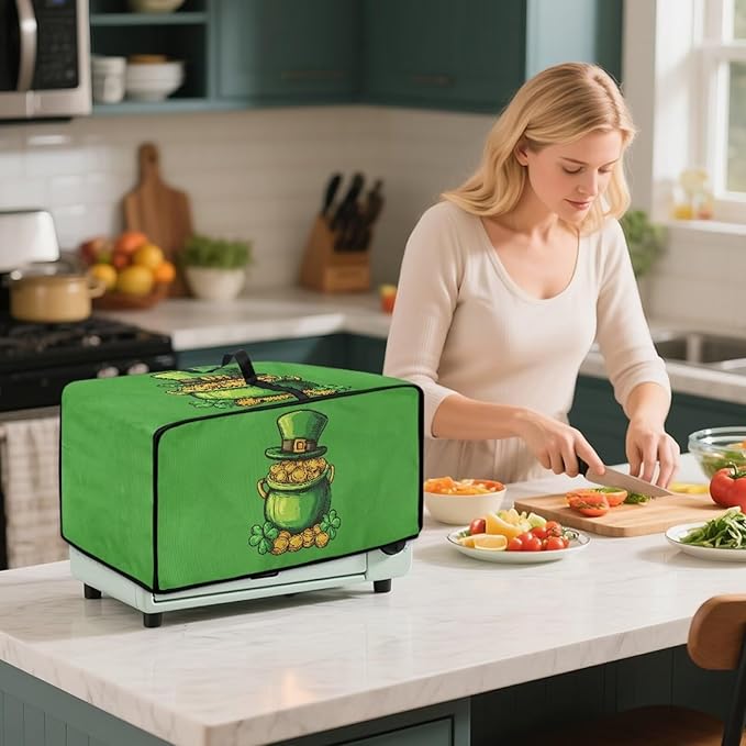 Clover Top Hat Gold Lucky Coin Print Toaster Oven Cover for St. Patrick's Day Decor, Microwave Cover for Kitchen Countertop Appliance Dust Protector Decorative Oven Accessories, Green, L