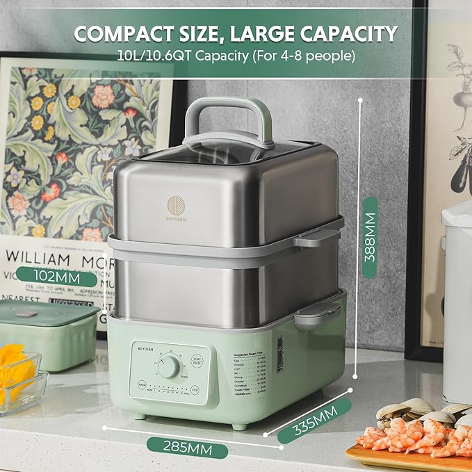 BUYDEEM G52 10.6 Quart 2-Tier Electric Food Steamer for 4-8 Servings, Vegetable Steamer for Cooking, 2-hour Keep Warm, 7 Preset Timings, Dual Boil-Dry Protection, Stainless Steel, Cozy Greenish