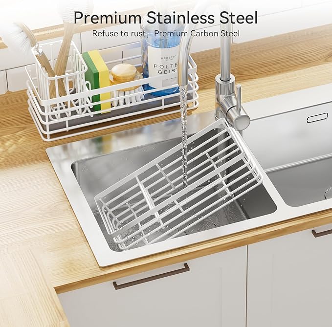 Yofidra Sponge Holder for Kitchen Sink Organizer Caddy: Sink Sponge with Instant Drying Stone, Metal Stainless Steel Basket Home Decor Storage and Organization Accessories 9.5" X 3.5" X 5.2" (White)