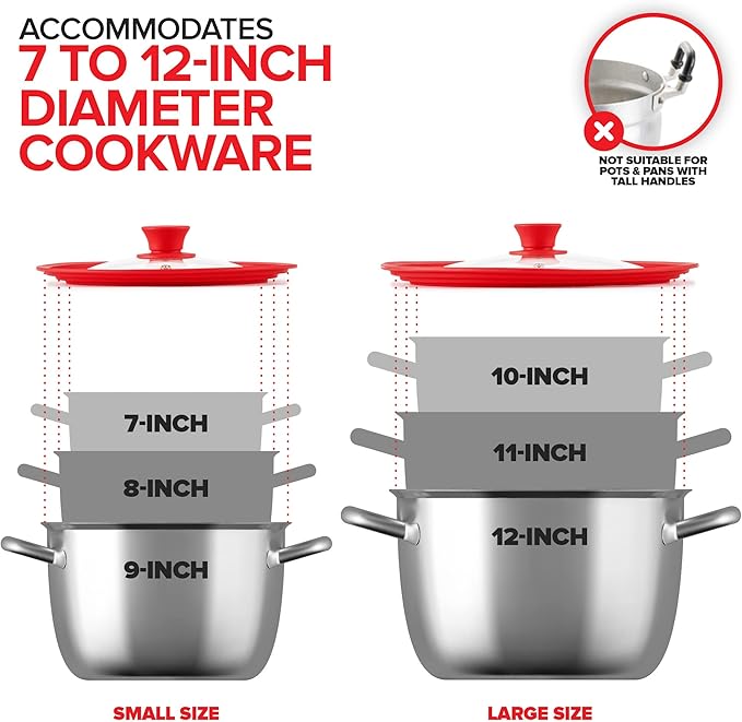 Modern Innovations Universal Lids (Set of 2) Fits 7 to 12-Inch Cookware, Silicone Replacement Pan Lid, Glass Top Covers for Skillets, Pots, Frying Pans, Cast Iron - Red