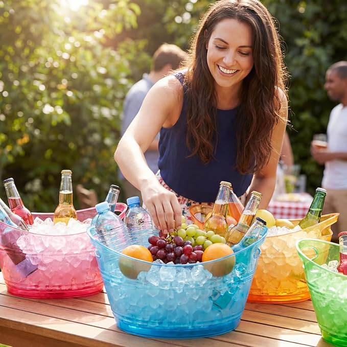 meekoo 6 Pcs Plastic Ice Buckets Bulk with Handles 4.5L Oval Storage Tub Large Capacity Ice Drink Bucket for Easter Summer Party Bar Wine Beer Champagne Beverage Bottle Cooler(4.5 L,Multicolor)