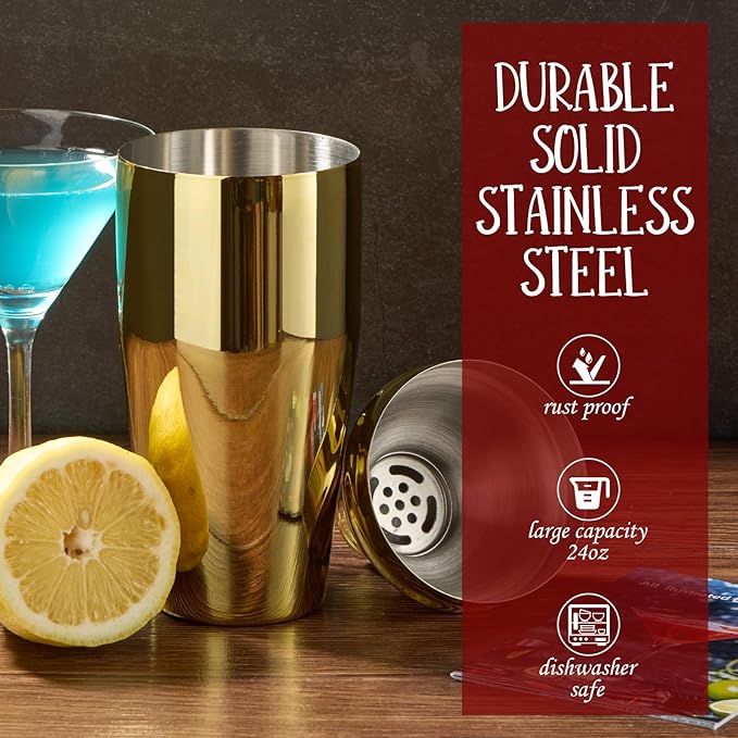 Cocktail Shaker Set Bartender Kit : 12-Piece Bar Tool Set with Bamboo Stand | Bars Set with All Practical Bar Accessories, for Drink Mixing, Bar, Home, Lounge & Party (Gold)