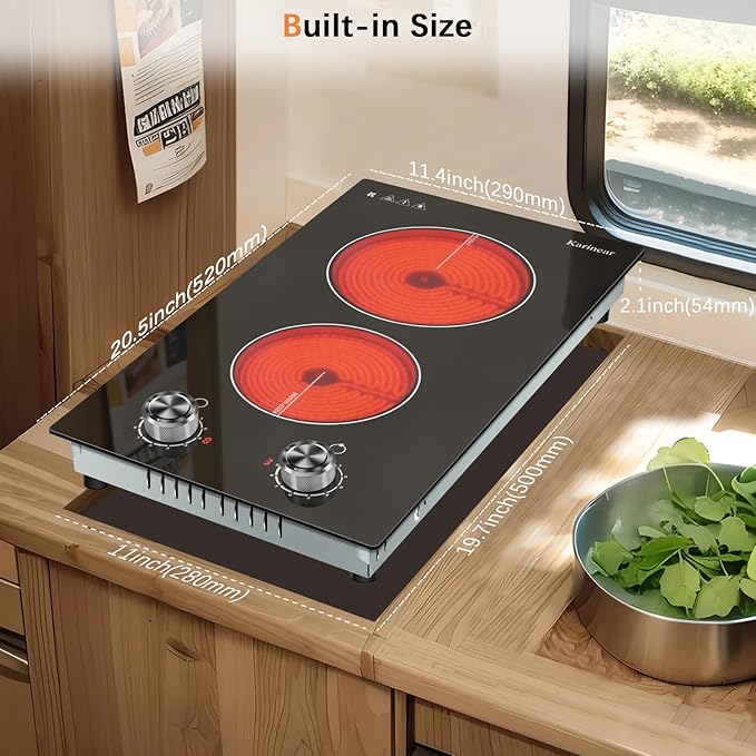 Karinear 110V Electric Cooktop 2 Burners Electric Stove 12 Inch Knob Control Countertop & Built-in Ceramic Cooktop, 9 Heating Level, Hot Warning, Over-Temperature Protection(Silver Knob)