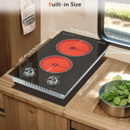 Karinear 110V Electric Cooktop 2 Burners Electric Stove 12 Inch Knob Control Countertop & Built-in Ceramic Cooktop, 9 Heating Level, Hot Warning, Over-Temperature Protection(Silver Knob)