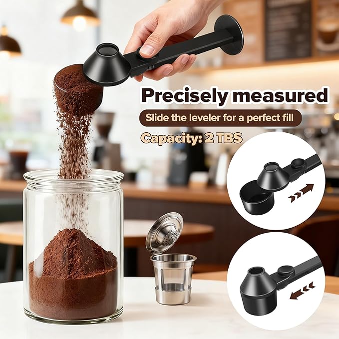 Coffee Scoop 2Tbsp & 51mm Espresso Tamper - BPA-Free PCTG Scoop Funnel, Fits K-Cups, Precise Measuring for Coffee/Protein/Powder/Hot Cocoa & Formula Dispensers (Black 1Pack)