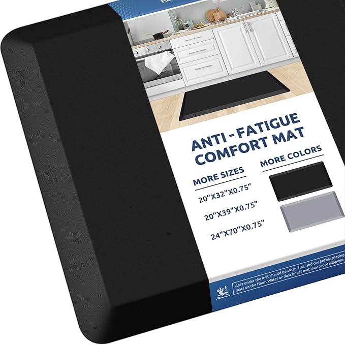 KitchenClouds Kitchen Mat Cushioned Anti Fatigue Rug 20"x32" Water Resistant, Non Slip, Standing and Comfort Desk/Floor Mats for House Sink Office (Black,0.8inch)