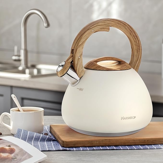 MARSKITOP Tea Kettle, 2.6 Quart Tea Pot for Stove, Food Grade Stainless Steel Whistling Teapot for Stovetop with Anti-Hot Handle, Suitable for All Heat Sources, Cream White