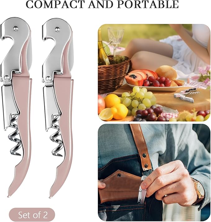 HYZ 2-Pack Wine Opener Waiter Corkscrew, Professional Wine Key for Servers, Bartender with Foil Cutter, Manual Wine Bottle Opener Double Hinged (Dark Pink)