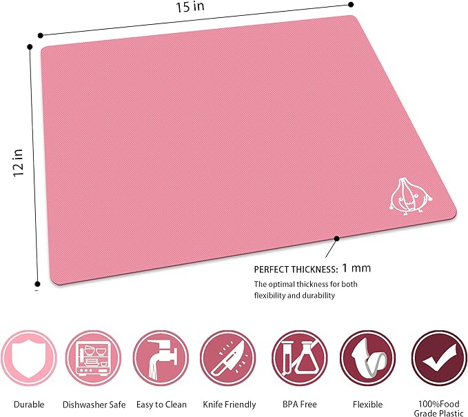 ZVP Flexible Plastic Cutting Board Set of 3 Gradient Color, Colorful Chopping Boards, BPA Free Mats, Non Slip, Dishwasher Safe, 15x12 Inch, Pink Multi-Color