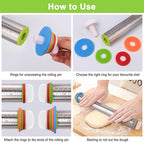 Rolling Pin with Thickness Rings and Silicone Baking Mat, Adjustable Stainless Steel Rolling Pins for Pasta or Sugar Decorating Cookies, Bread Making Tools Fondant Roller for Dough, Dumpling, Ravioli