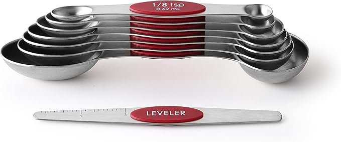 Spring Chef Red Stainless Steel Magnetic Measuring Spoons Set of 8 with Leveler, Metal Teaspoon & Tablespoon Measuring Spoons with Strong Magnets, Kitchen Gadgets for Baking & Cooking - Set of 2