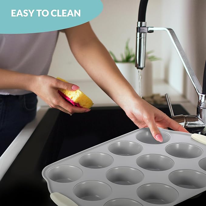 Boxiki Kitchen 12 Cups Ceramic Coated Muffin Pan for Baking - Durable Steel Frame Cupcake Pan w/Nonstick Surface - Professional Muffin Tray with Silicone Handles